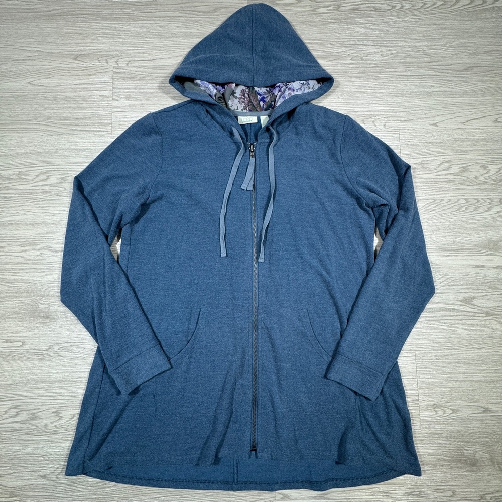 LOGO Lounge Women Hoodie Zip Front Blue Medium Floral Hood Lining Pockets